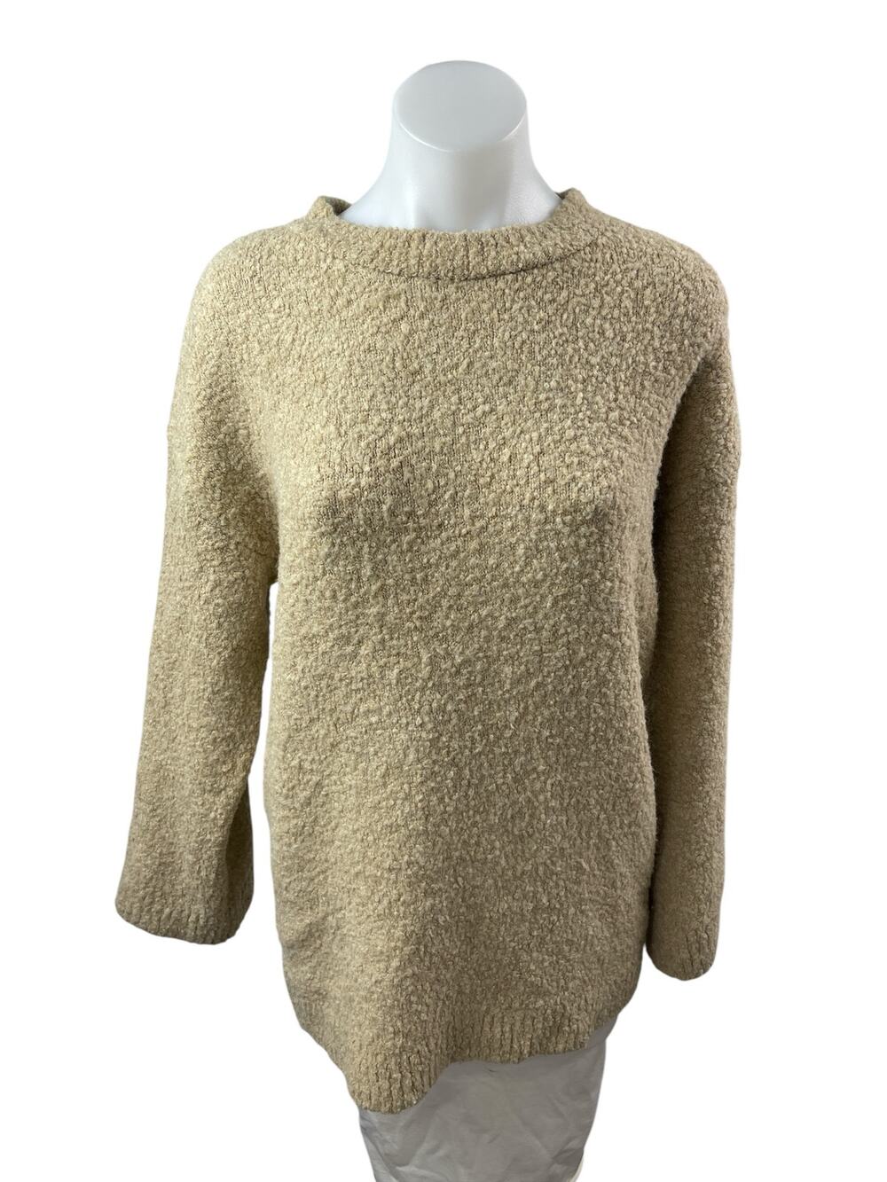Zara Women's Beige Khaki Fleece Crew Neck Long Sleeve Knit Sweater Top Size S